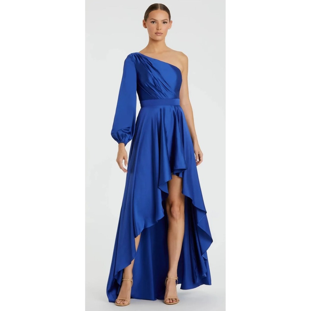 Mac Duggal Royal Blue Satin One Shoulder High-Low Gown Puff Sleeve Dress 2348